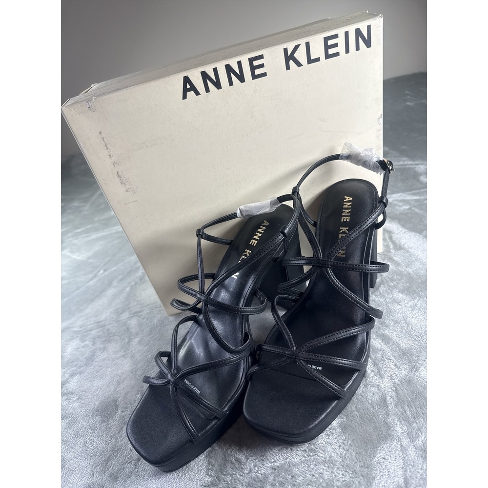Anne Klein Black Strappy Platform Block Heel Sandals Square Toe Ankle Strap
